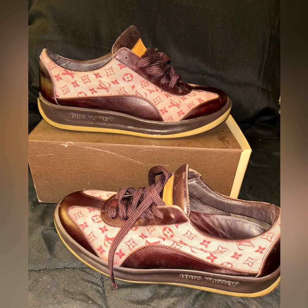 Vintage Louis Vuitton Leather, Monogram Canvas Lace Up Sneakers Size 10